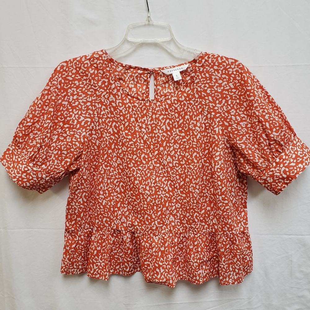 Popsugar Lg Keyhole Back Tunic Puff Sleeve Layer Textured Cotton Orange White SS